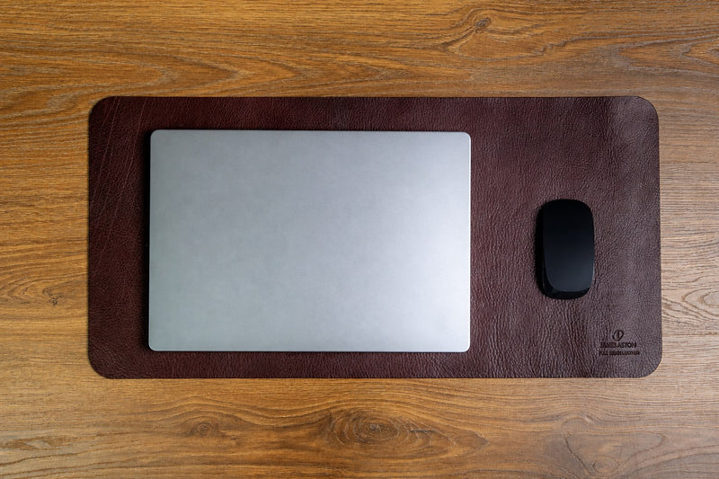 The desk mat in Australian Nut Spanish full grain vegetable tanned milled leather, medium, by James Aston