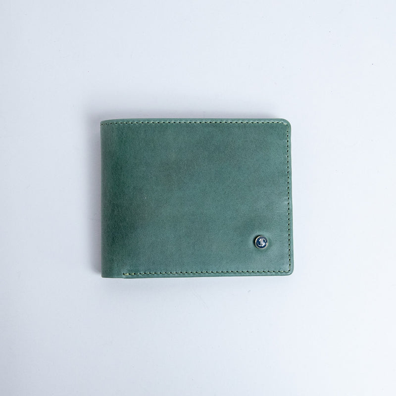 The Zanebono Bifold I wallet in sea green vegetable tanned smooth Vachetta leather, by James Aston