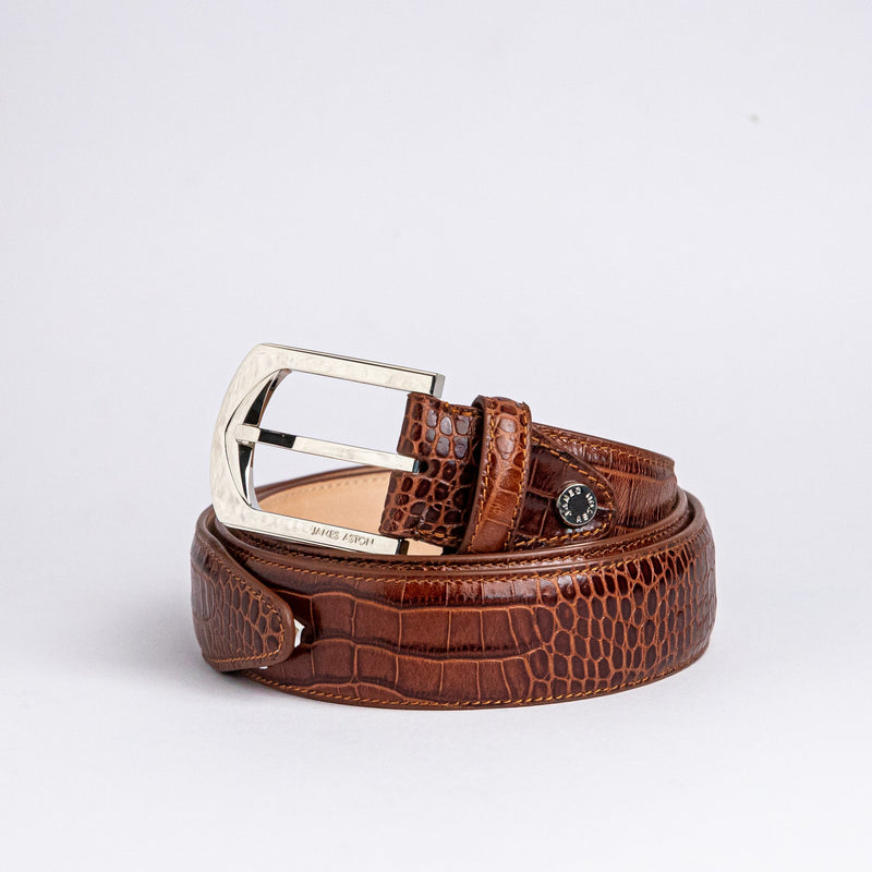 The Alessandro dress belt in cognac Italian vegetable tanned embossed leather, by James Aston