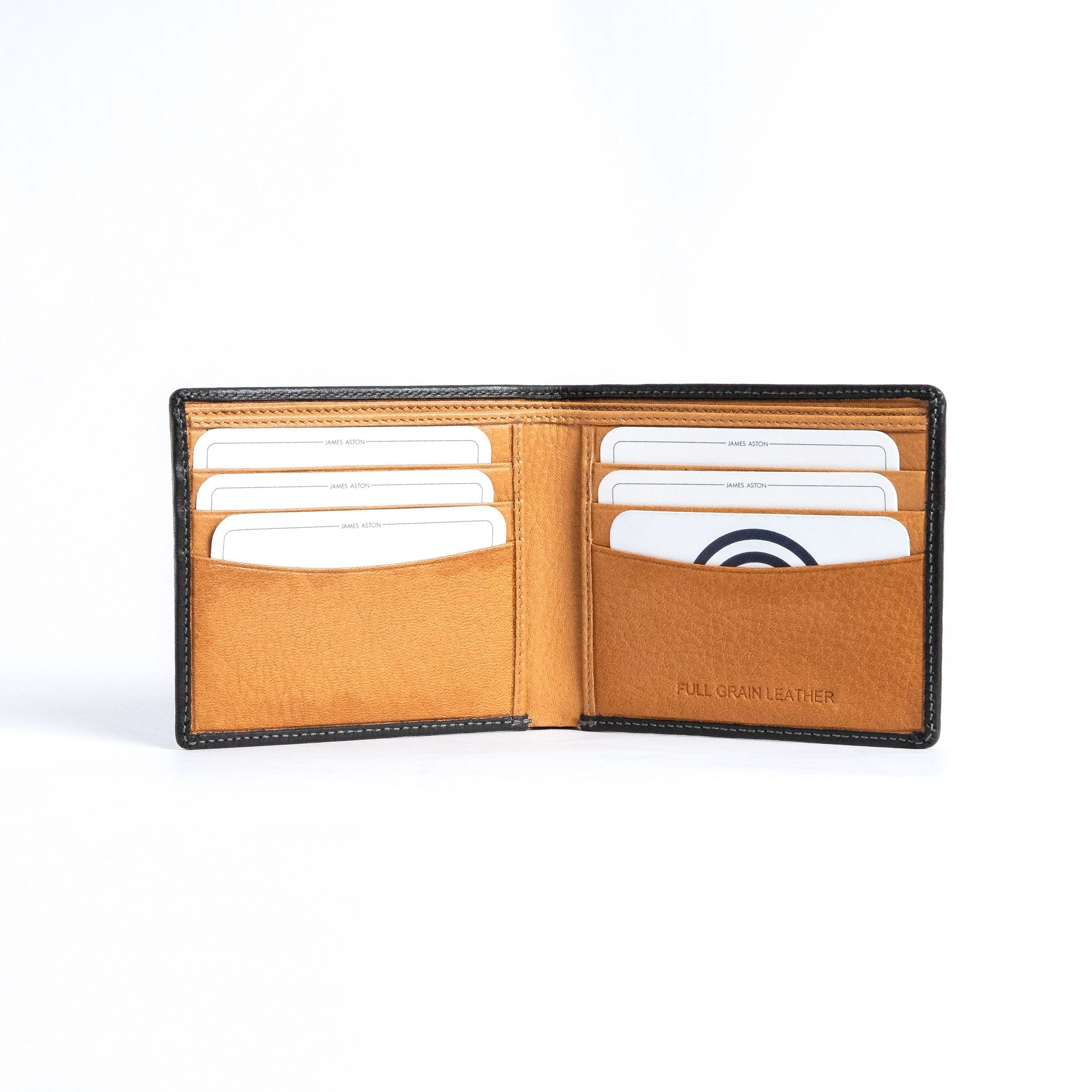 The interior of the Alonzo bifold wallet in black, showing card slots and cash compartments.