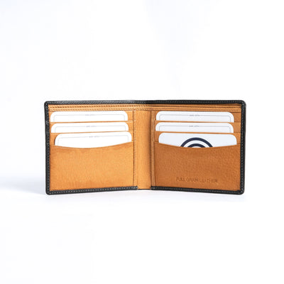 The interior of the Alonzo bifold wallet in black, showing card slots and cash compartments.