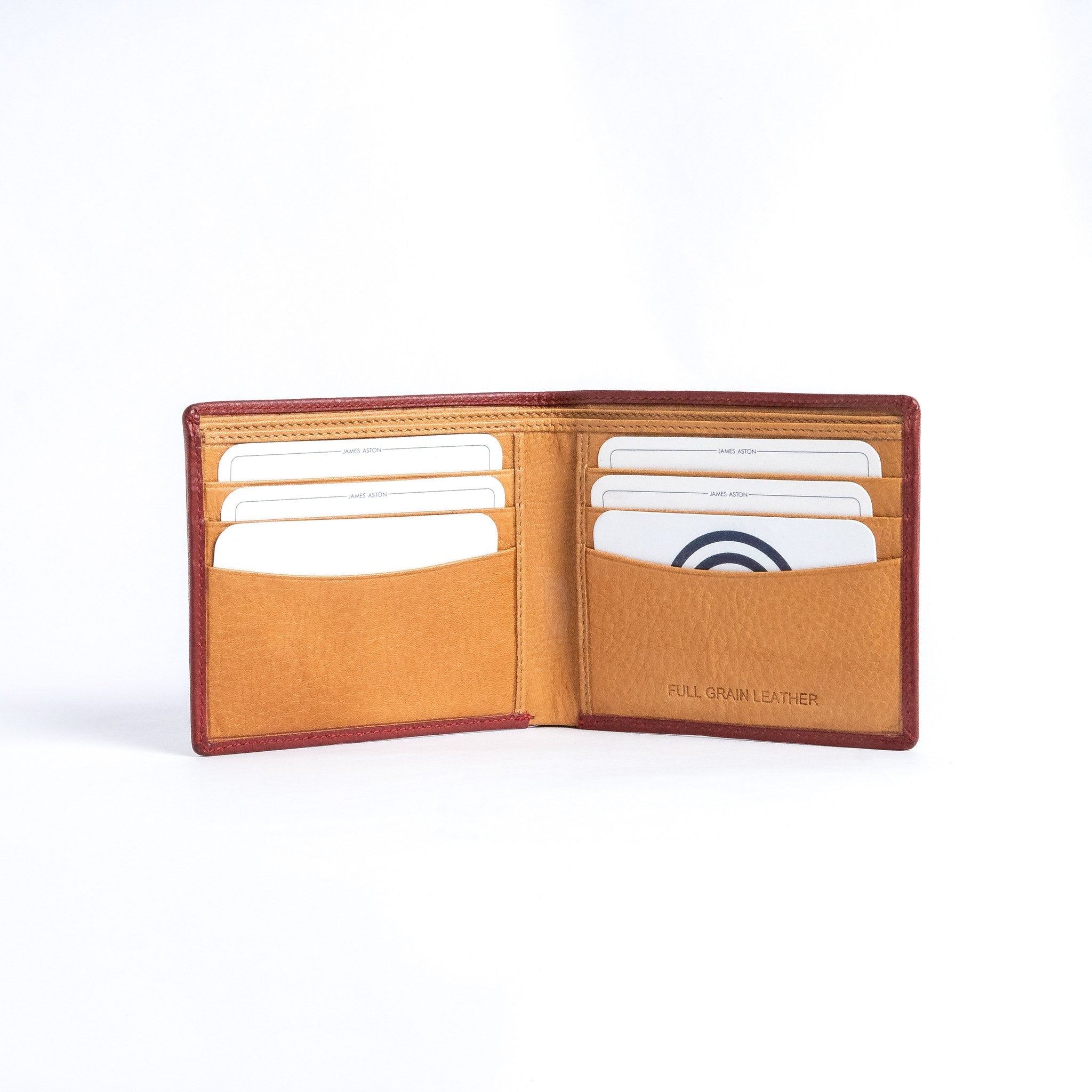 The interior of the Alonzo bifold wallet in red, showing card slots and cash compartments.