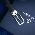 The natural Vachetta leather of the Anna dress belt in blue.