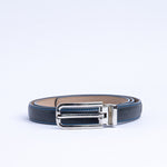 The brushed nickel buckle of the Anna Vachetta dress belt in blue.