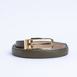 The Anna dress belt in olive Italian Vachetta leather, coiled.