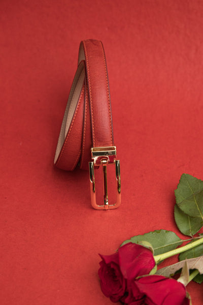 The natural Vachetta leather of the Anna dress belt in red.