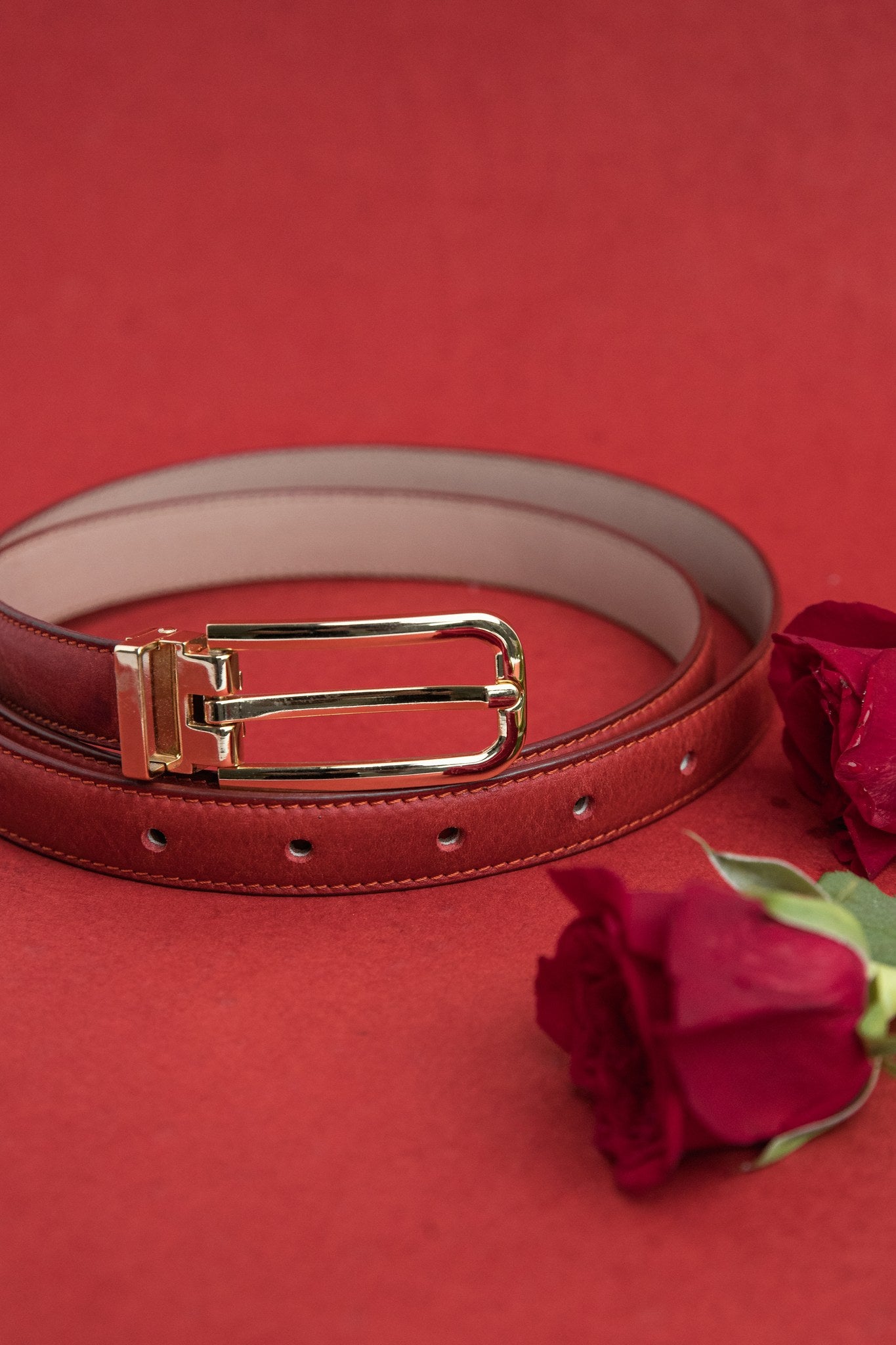 The Anna dress belt in red Vachetta leather, composed.
