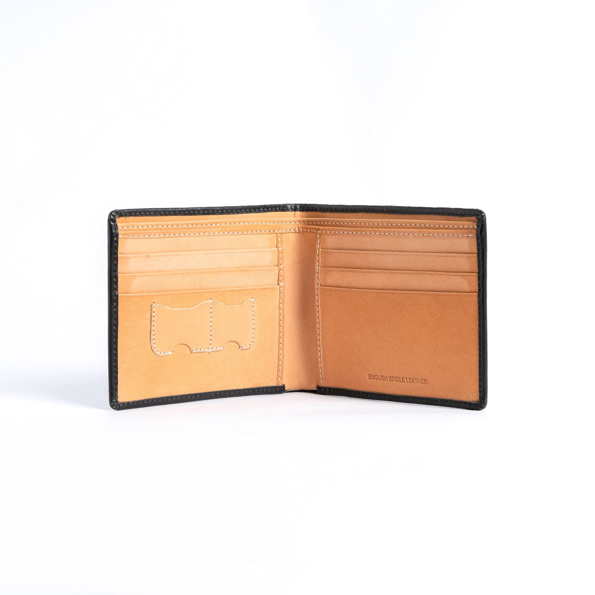 The interior of the Bristol bifold wallet in black, six card slots with memory and sim card slots.