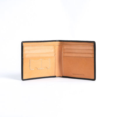 The interior of the Bristol bifold wallet in black, six card slots with memory and sim card slots.