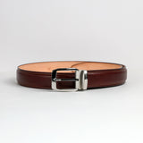 Palladium buckle and cognac tone on tone stitching on The Cosimo oak brown Bridle belt, close profile