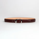 Full length of The Cosimo oak brown Italian Bridle leather belt with palladium buckle, by James Aston