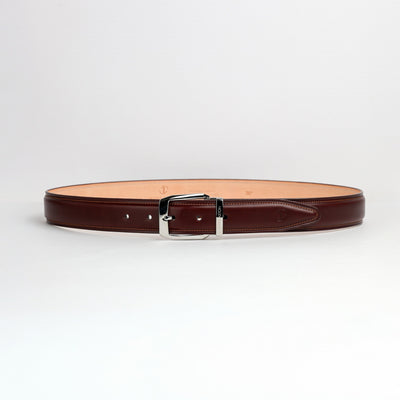 Full length of The Cosimo oak brown Italian Bridle leather belt with palladium buckle, by James Aston