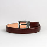 Palladium buckle and keeper of The Cosimo oak brown Bridle belt, with the engraved James Aston bar