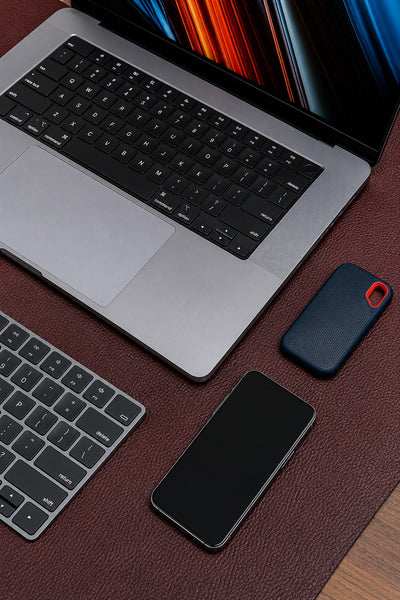 The large desk mat in Australian Nut on a working desk