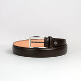 Nickel buckle, Chicago screw and tone on tone stitching on The Lorenzo dark brown Bridle belt