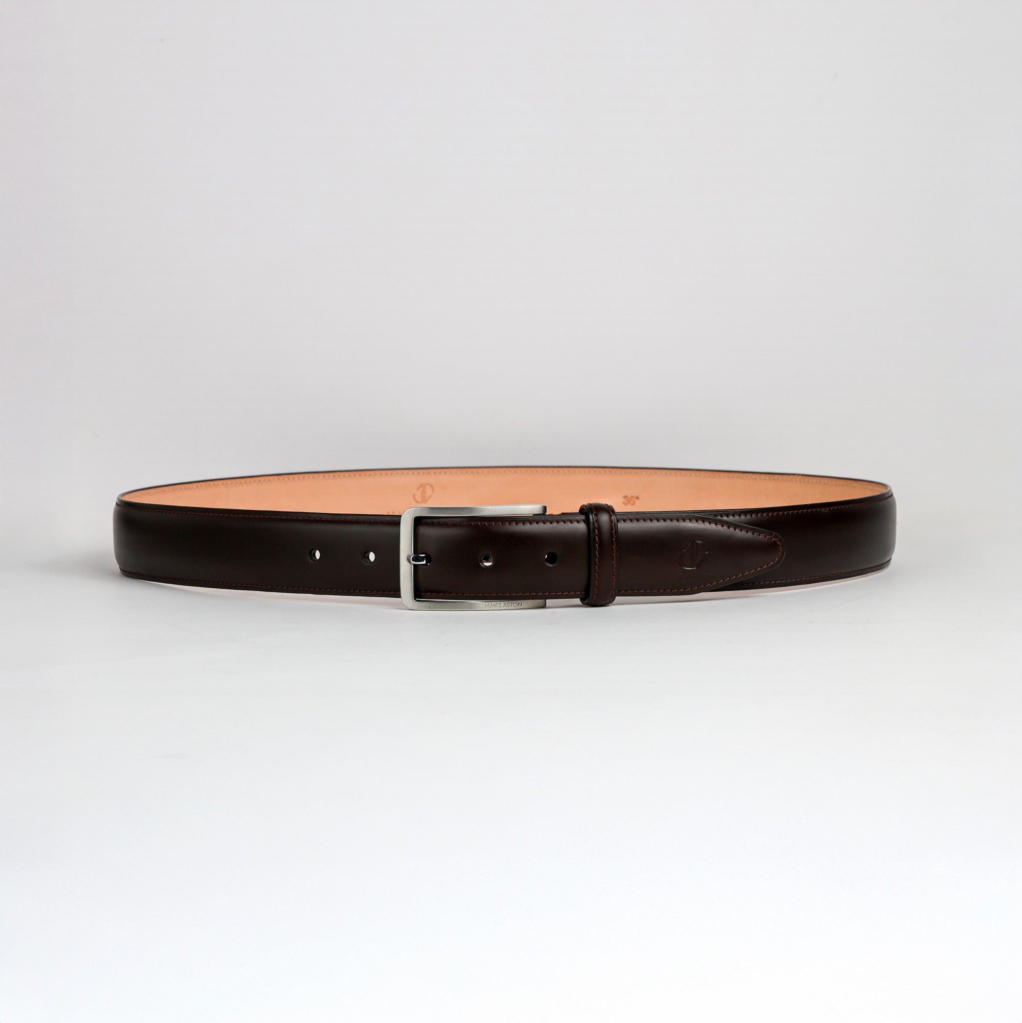 Full length of The Lorenzo dark brown Italian Bridle leather belt with nickel buckle, by James Aston