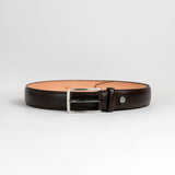 Nickel buckle and keeper of The Lorenzo dark brown Italian Bridle leather belt