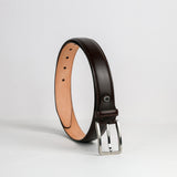The Lorenzo belt in dark brown Italian vegetable tanned Bridle leather, with its nickel buckle, by James Aston