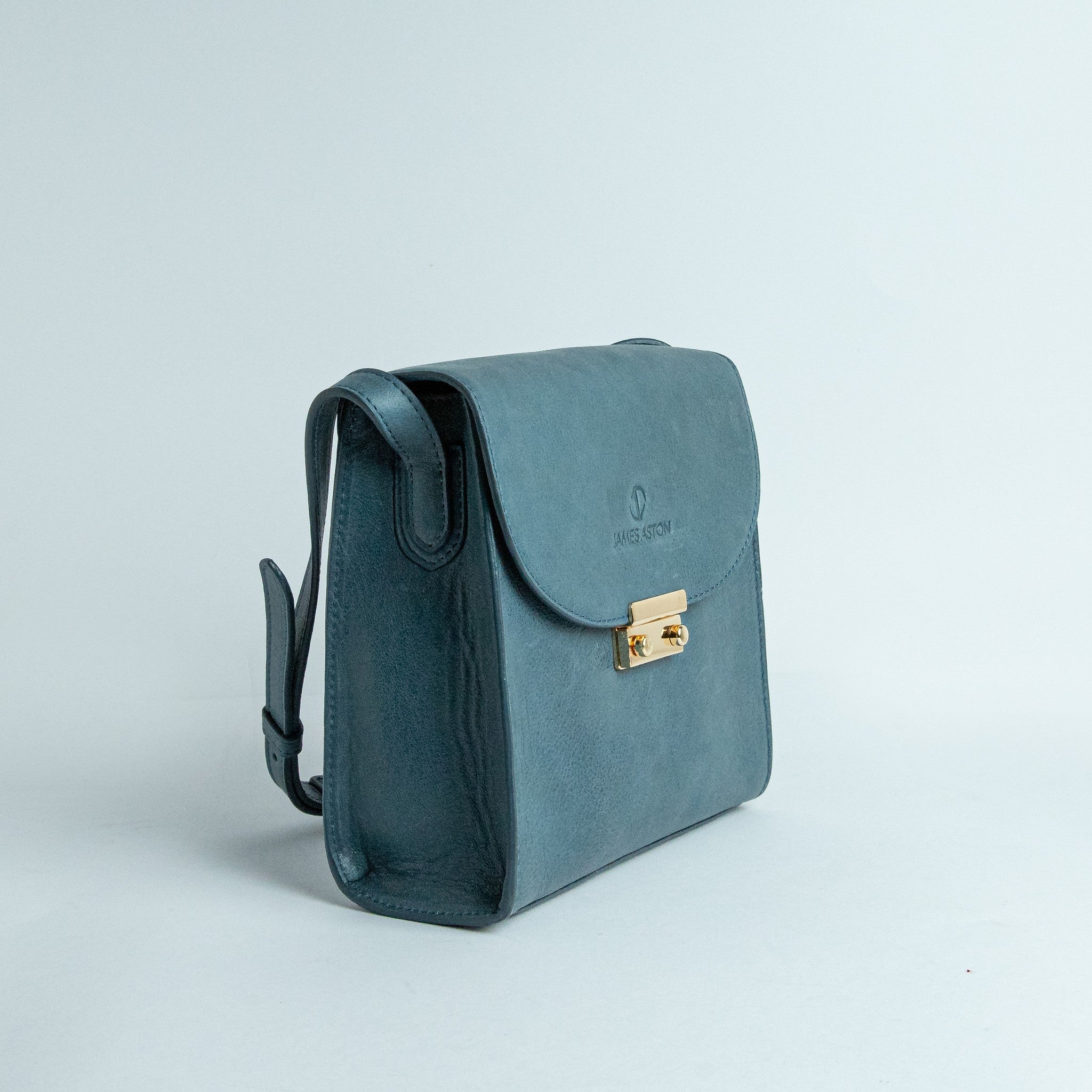 Ocean's Bloom blue Spanish milled leather handbag, full view.