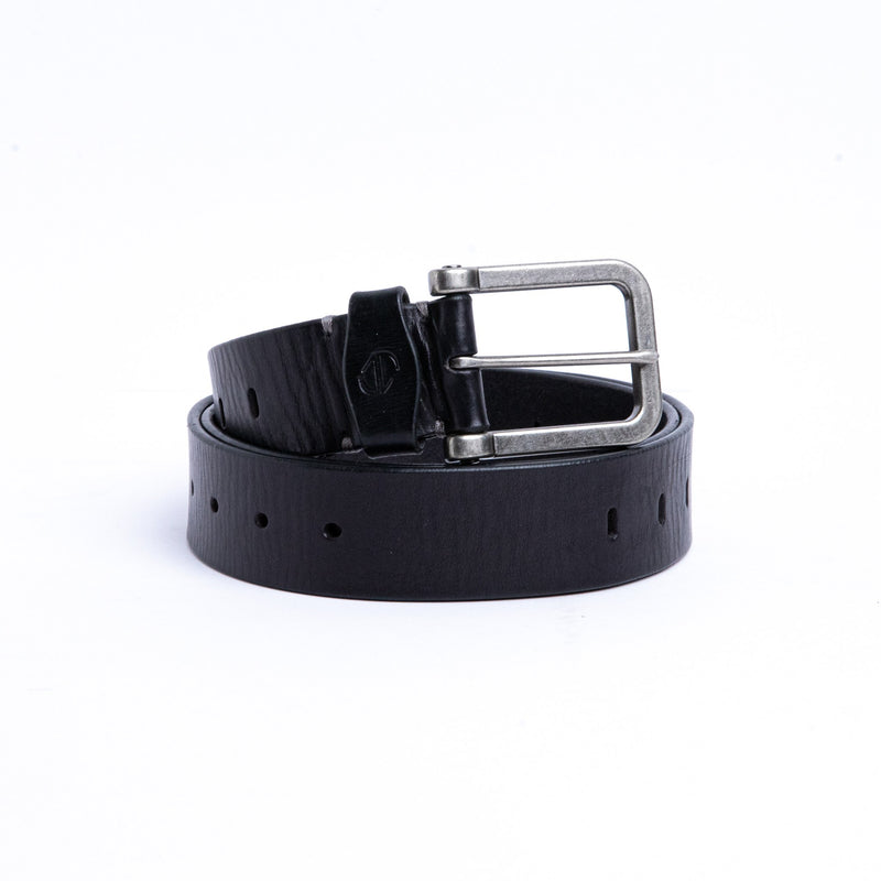 The Alarico belt in black Spanish full grain vegetable tanned milled leather, by James Aston