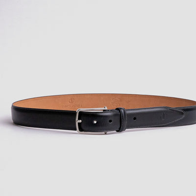 Full length of The Amadeo dress belt in black Spanish full grain leather, 35mm, by James Aston