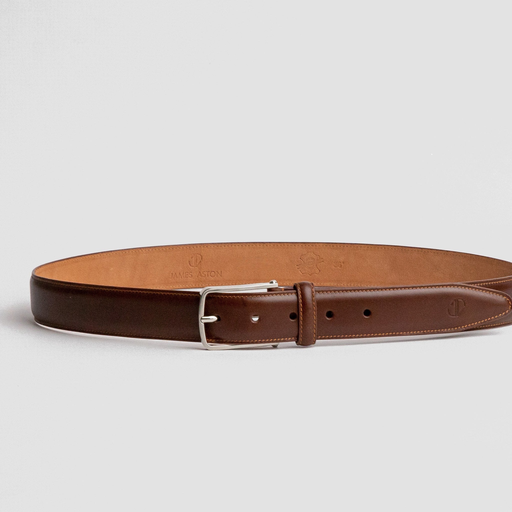 Close detail of the slightly raised full grain leather of The Amadeo in cognac, by James Aston