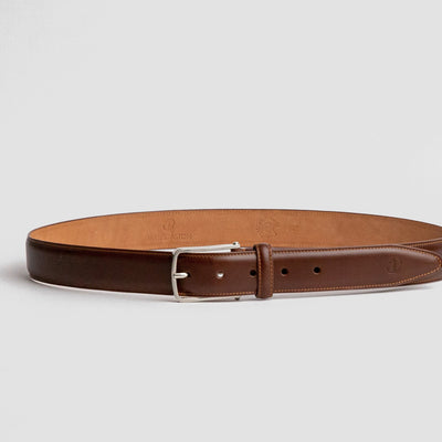 Close detail of the slightly raised full grain leather of The Amadeo in cognac, by James Aston