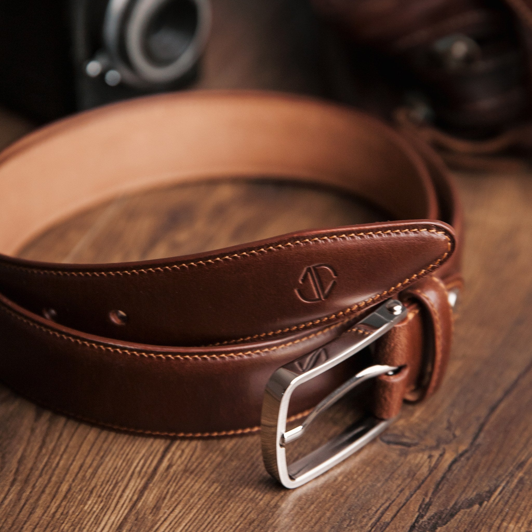 Full length of The Amadeo dress belt in cognac Spanish full grain leather, 35mm, by James Aston