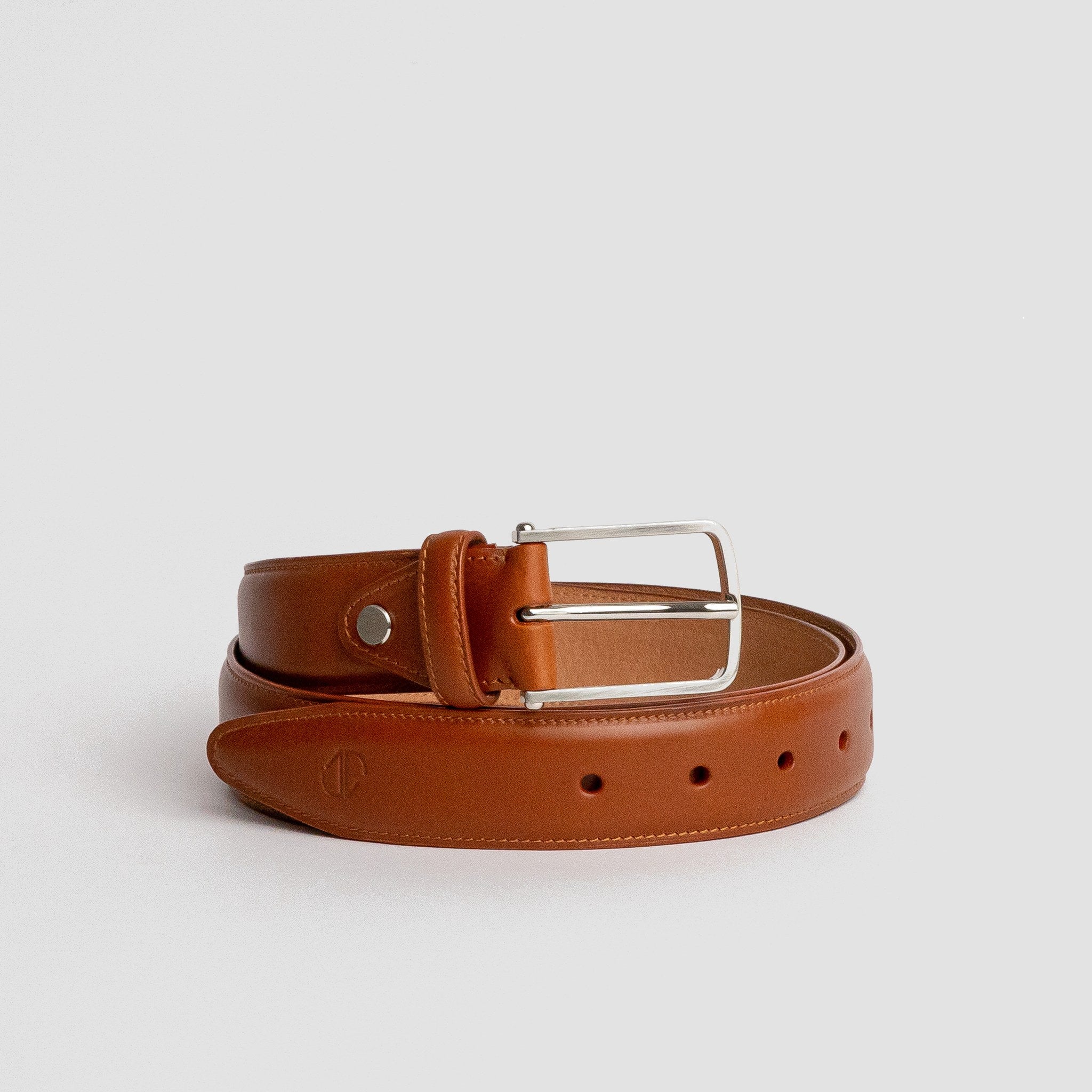The Amadeo dress belt in tan Spanish full grain vegetable tanned leather with a brush nickel buckle, by James Aston