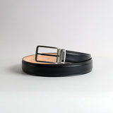 Close profile of the nickel buckle and grey tone on tone stitching on The Cesare Black Bridle belt