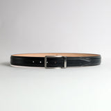 Full length of The Cesare Black Italian Bridle leather belt with nickel buckle, by James Aston
