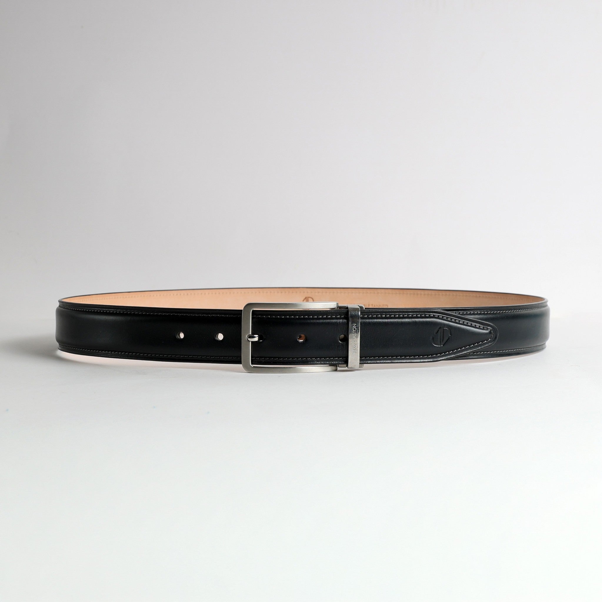 Full length of The Cesare Black Italian Bridle leather belt with nickel buckle, by James Aston