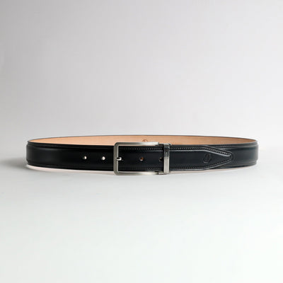 Full length of The Cesare Black Italian Bridle leather belt with nickel buckle, by James Aston