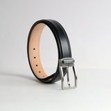 The Cesare belt in Black Italian vegetable tanned Bridle leather, with its nickel buckle, by James Aston