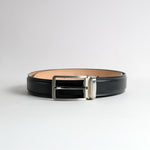 The Cesare James Aston black Italian Vegetable Tanned Bridle leather belt with stainless steel nickel buckle, front view