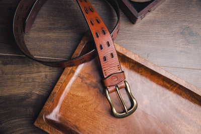 Detail of the tan Spanish full grain milled leather of the Damian belt