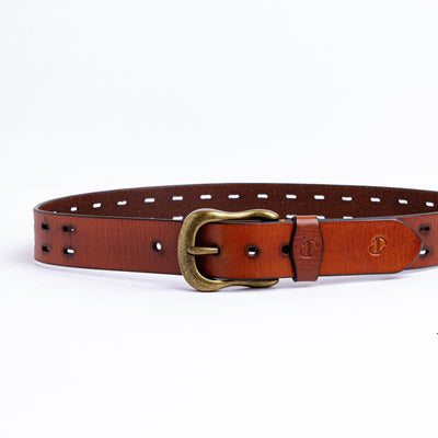 The Damian belt in tan milled leather shown at full length, with dull brass buckle