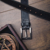 The Eduardo in Black, Spanish full grain milled leather belt, composed still life