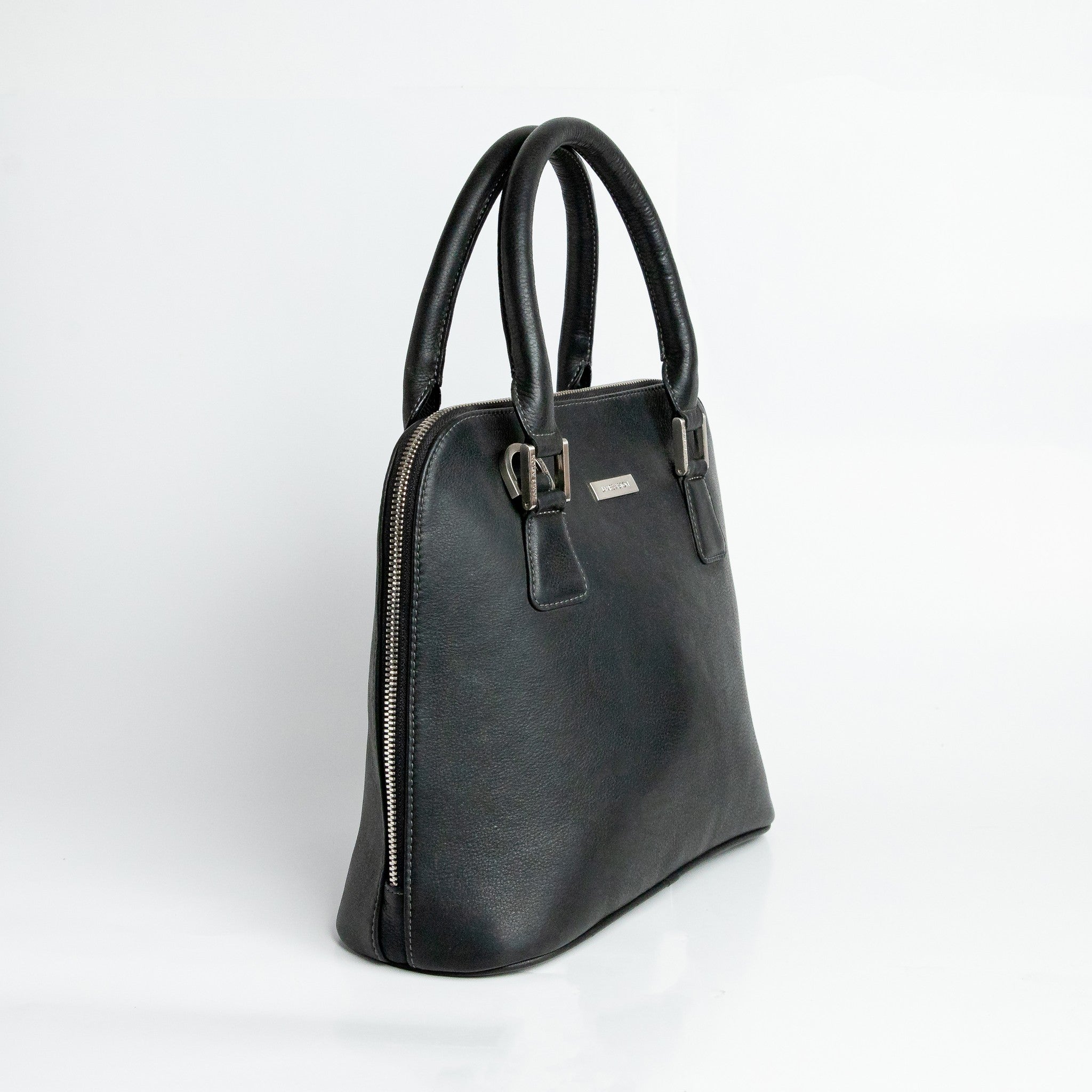 The Executive Handbag, black leather handbag, full view.