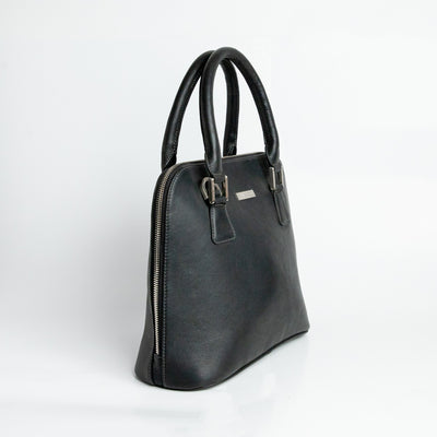 The Executive Handbag, black leather handbag, full view.
