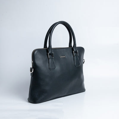 The Executive Laptop Bag, black leather laptop bag, full view.