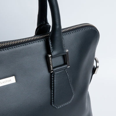 Brushed nickel metalware and YKK zip on The Executive Laptop Bag.