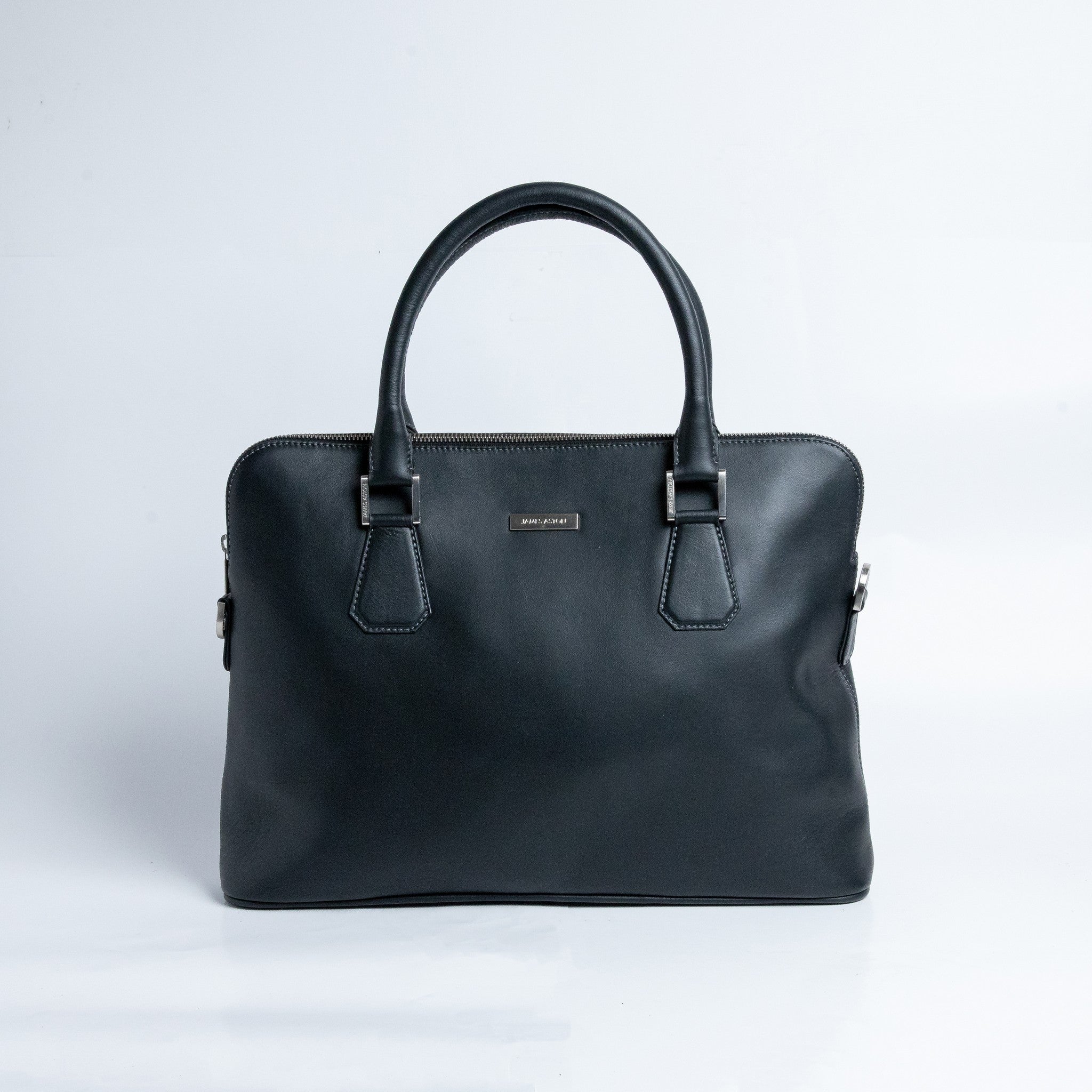The Executive Laptop Bag in black Spanish milled leather, front view.