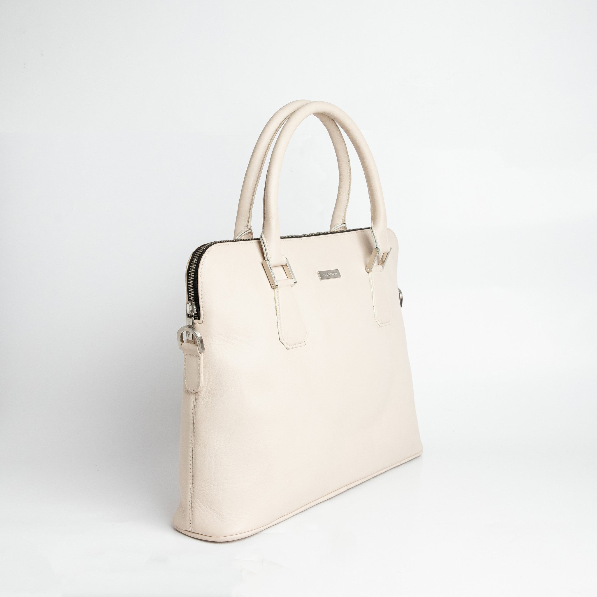 The Executive Laptop Bag, off-white leather laptop bag, full view.