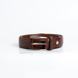 Close view of the brushed nickel buckle and solid brass screw on the Federico belt in Australian Nut