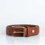 Close view of the brushed nickel buckle and solid brass screw on the Federico belt in cognac
