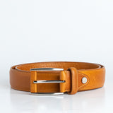 Close view of the brushed nickel buckle and solid brass screw on the Federico belt in tan