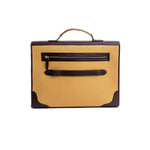 The back of The Motivator canvas and leather briefcase in khaki beige.