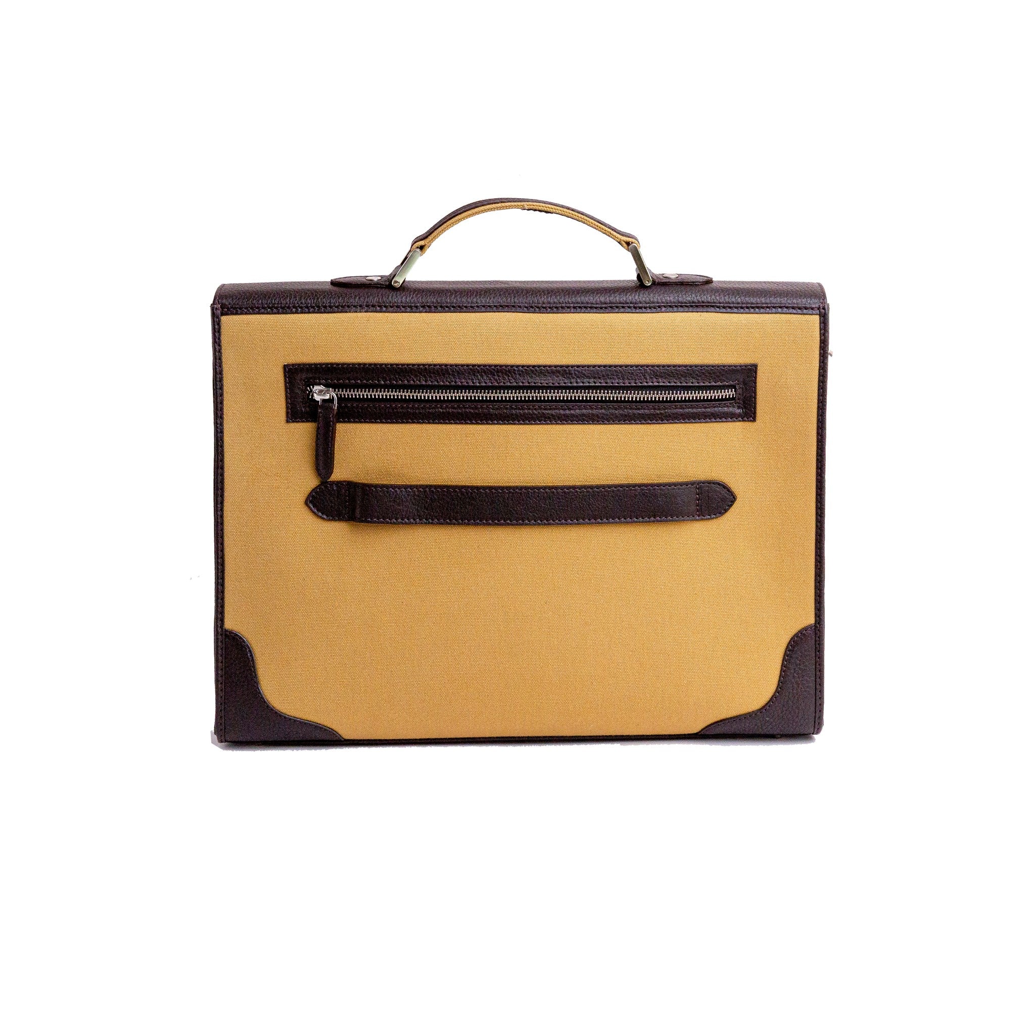 The back of The Motivator canvas and leather briefcase in khaki beige.