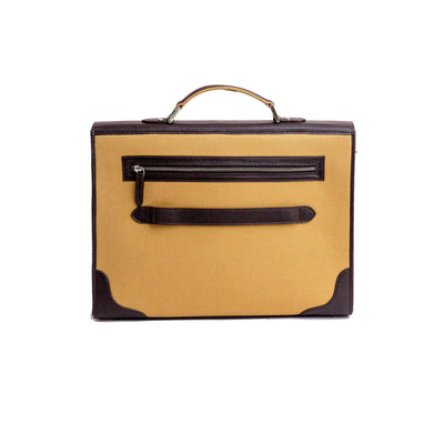 The back of The Motivator canvas and leather briefcase in khaki beige.